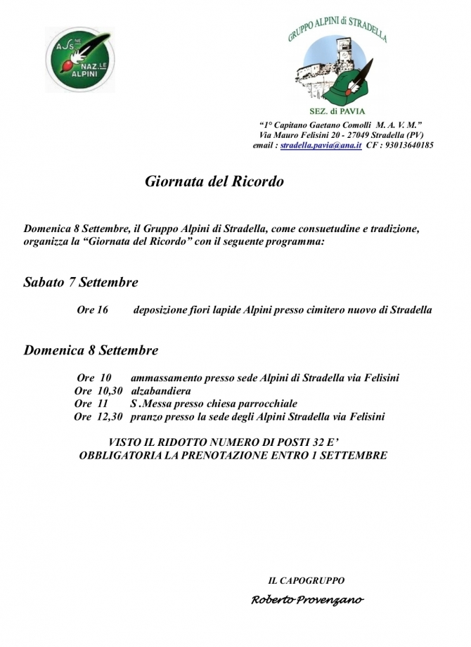 8 SETTEMBRE GIORNATA DEL RICORDO GRUPPO STRADELLA - Associazione Nazionale Alpini 