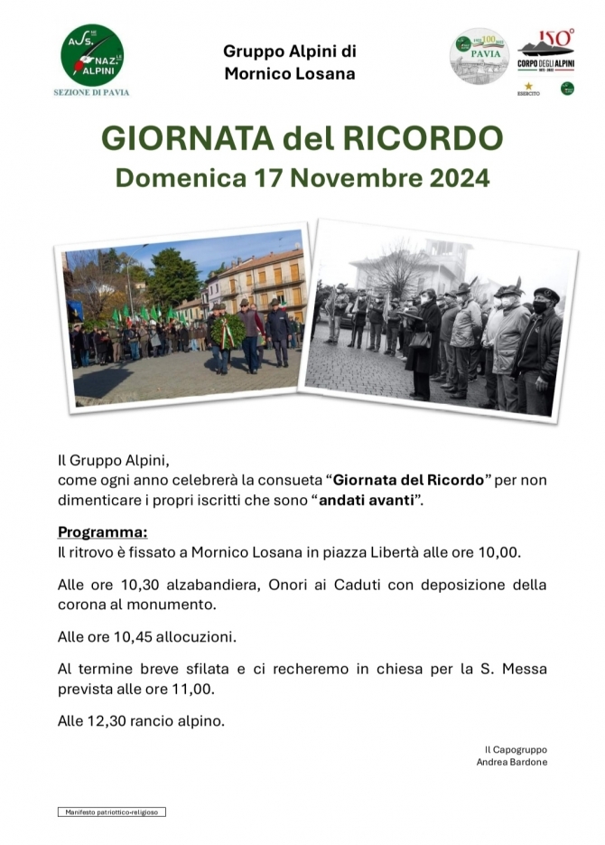 17 novembre - giornata del Ricordo gruppo Mornico - Associazione Nazionale Alpini 