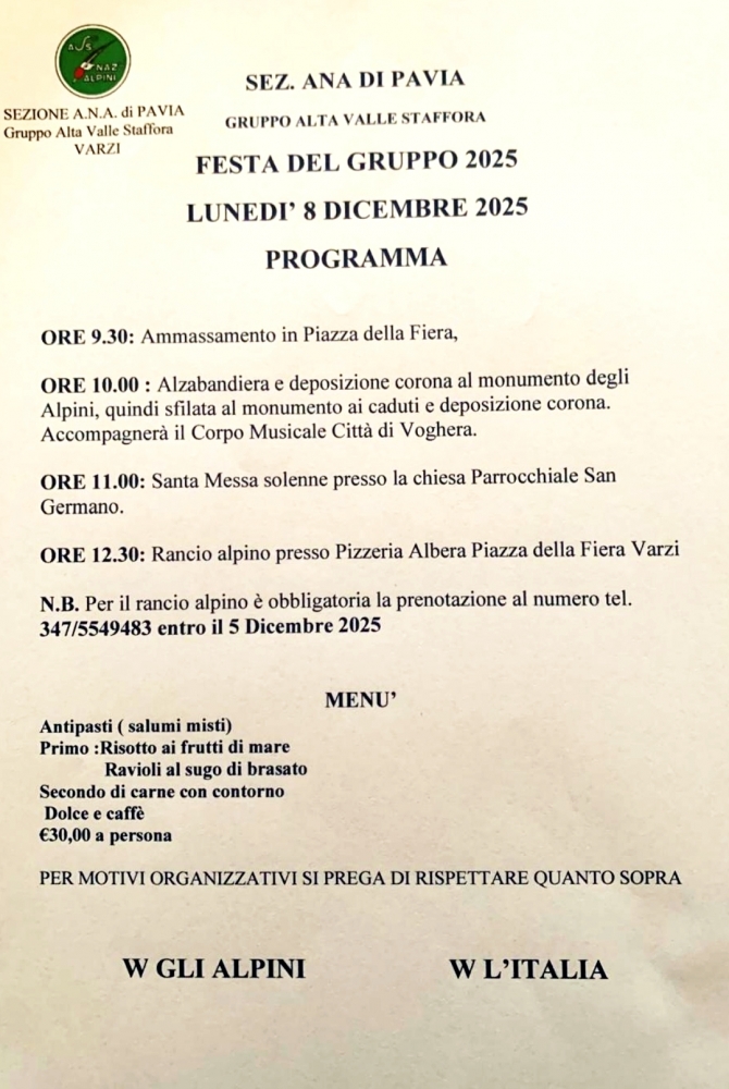 8 Dicembre Festa del gruppo Alta Valle Staffora - Associazione Nazionale Alpini